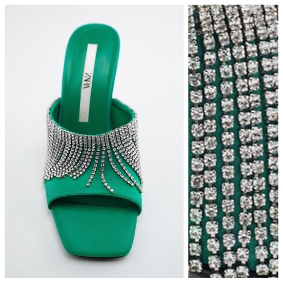 NWT. Zara Green Sparkly Heeled Sandals with Rhinestone Fringe. Size 9. - Picture 4 of 6